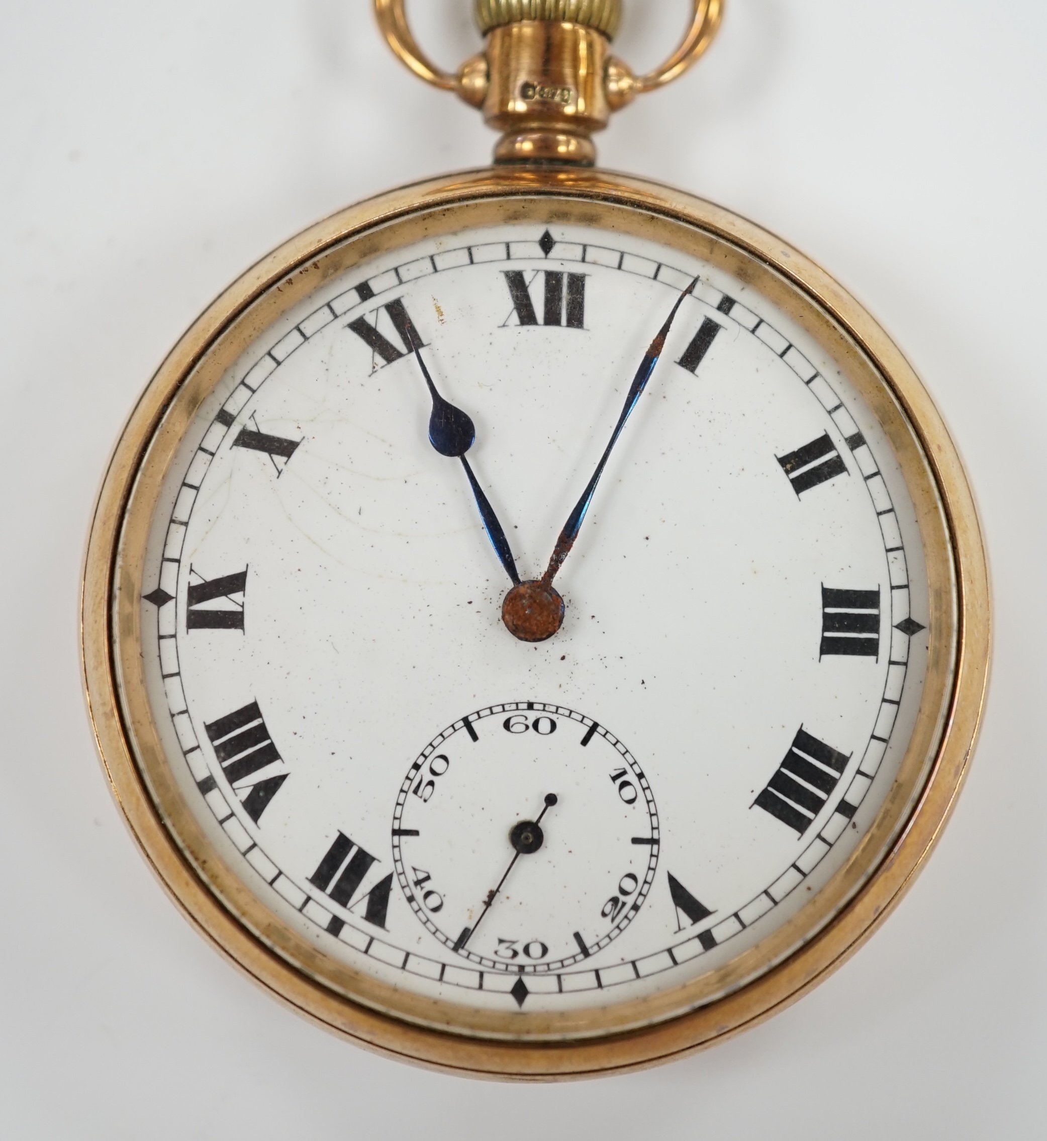A George V 9ct gold Record Watch Co. open face keyless pocket watch, with Roman dial and subsidiary seconds, case diameter 48mm, gross weight 76.2 grams.